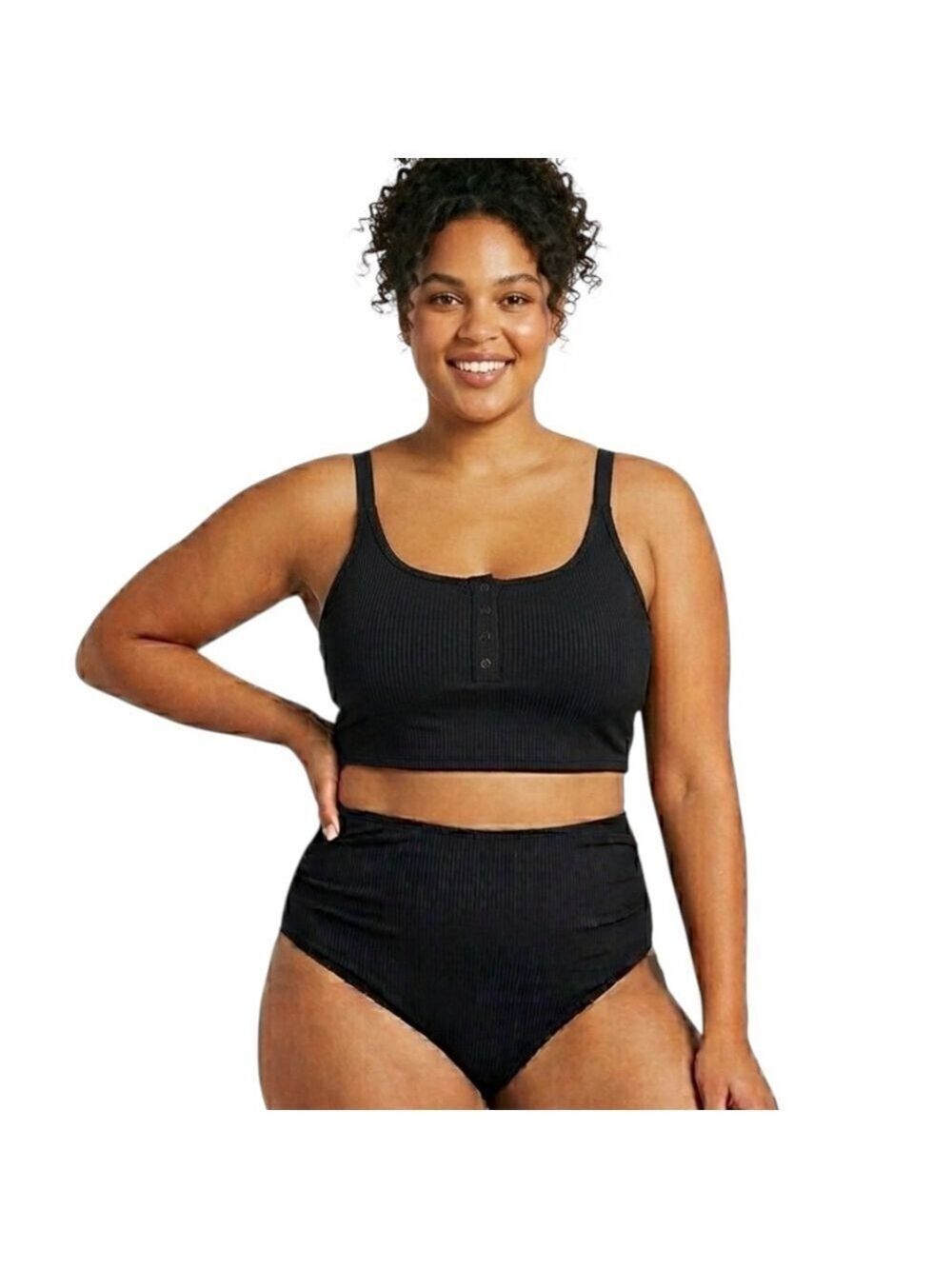 Yonique Black Ribbed High Waisted Bikini Set 22W NWT